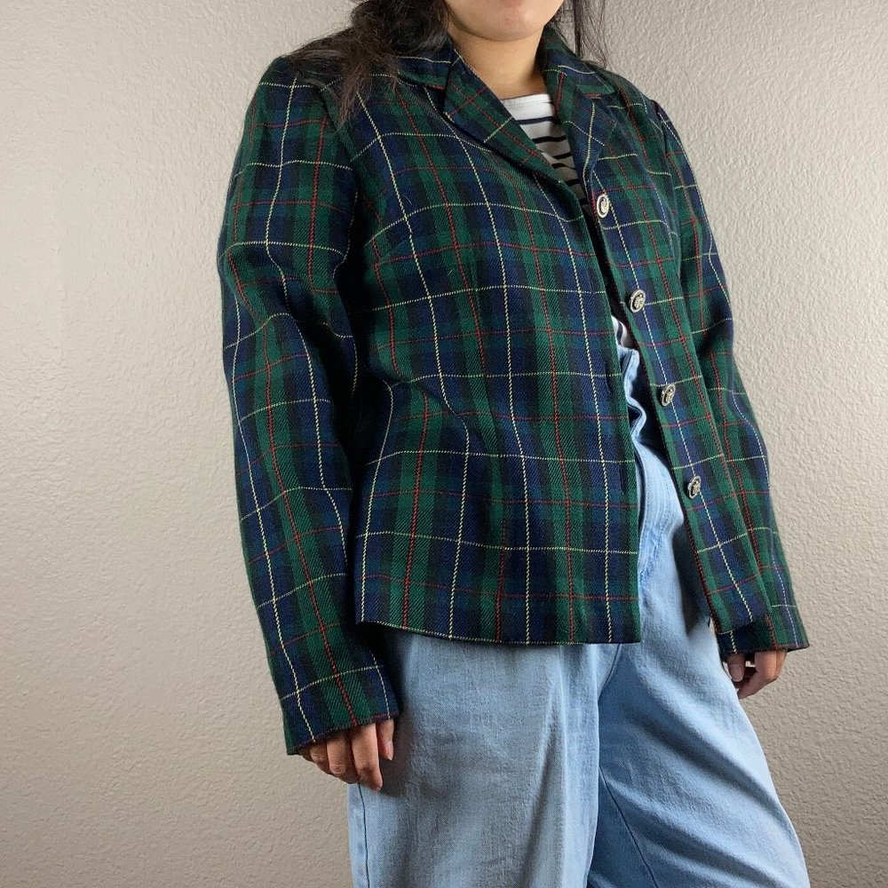y2k Sag Harbor Green & Blue Tartan Blazer - M - Picture 4 of 5